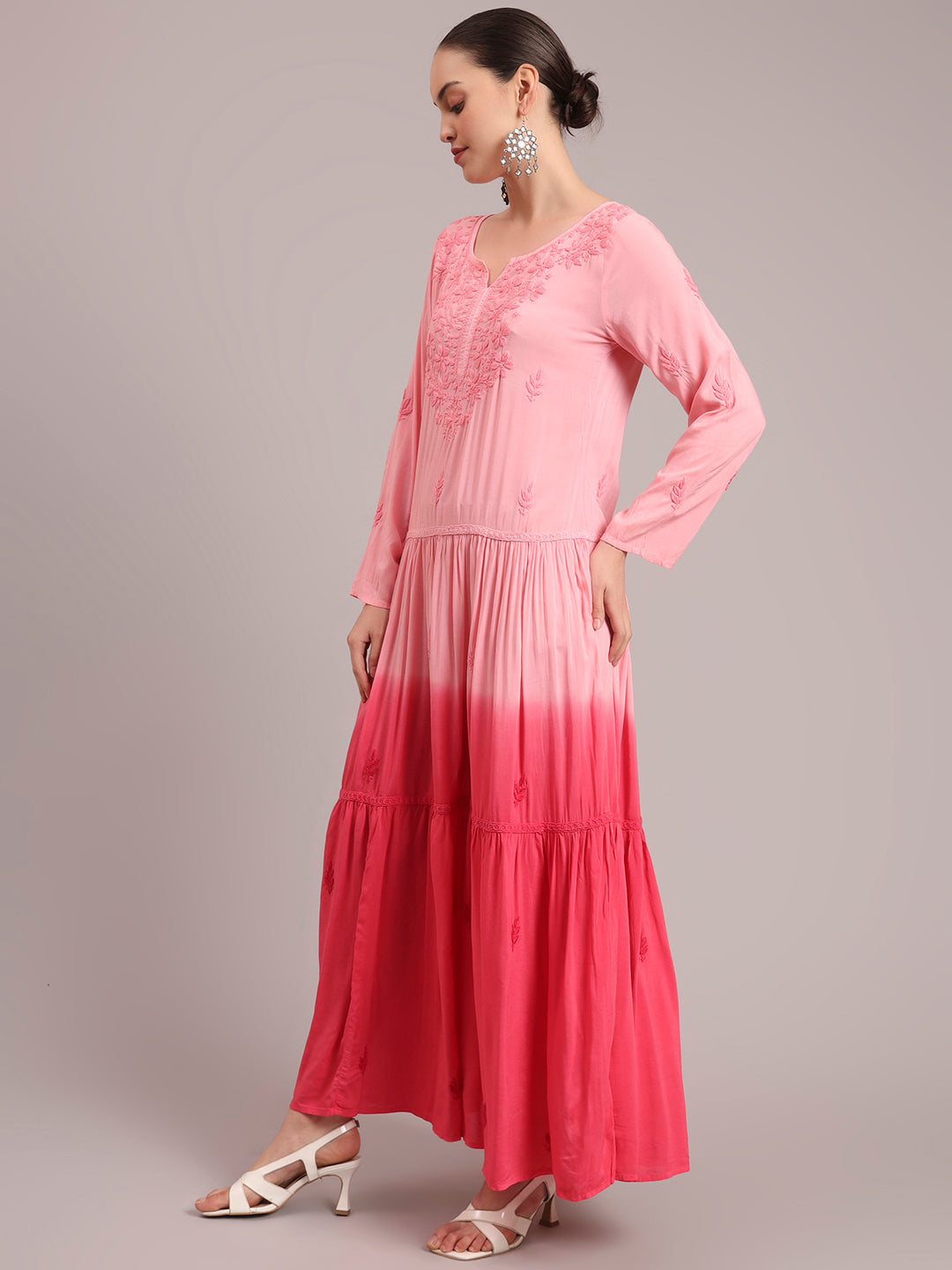 Hand Embroidered Chikankari Modal Ombre Jalabiya-AL4047 Peach