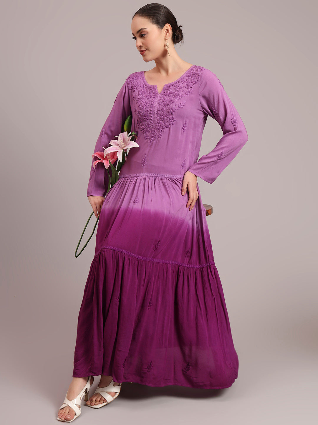 Hand Embroidered Chikankari Modal Ombre Jalabiya-AL4047 Purple