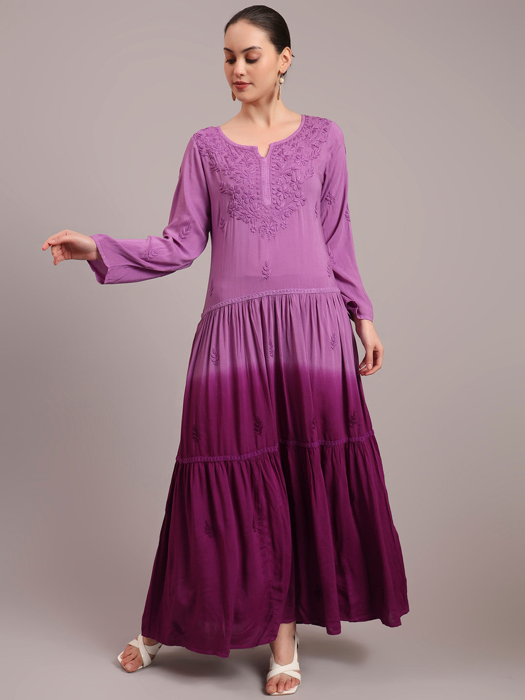 Hand Embroidered Chikankari Modal Ombre Jalabiya-AL4047 Purple