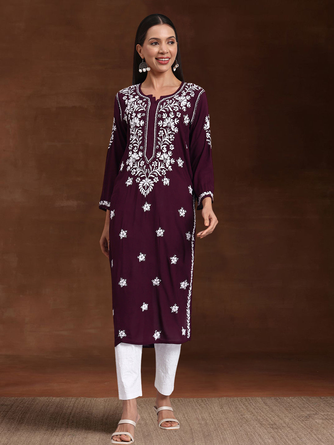 Women Hand Embroidered Modal Chikankari Kurta-AL4059 Wine