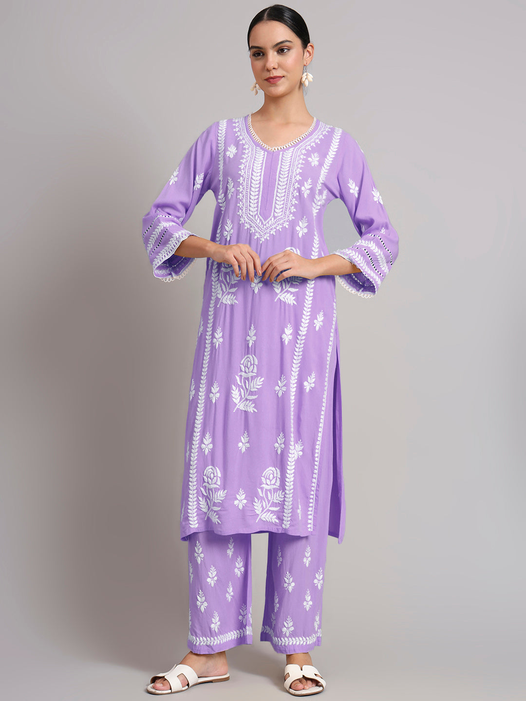 Women Hand Embroidered Lucknowi Chikankari Rayon Kurta Set-AL4078KS Rust