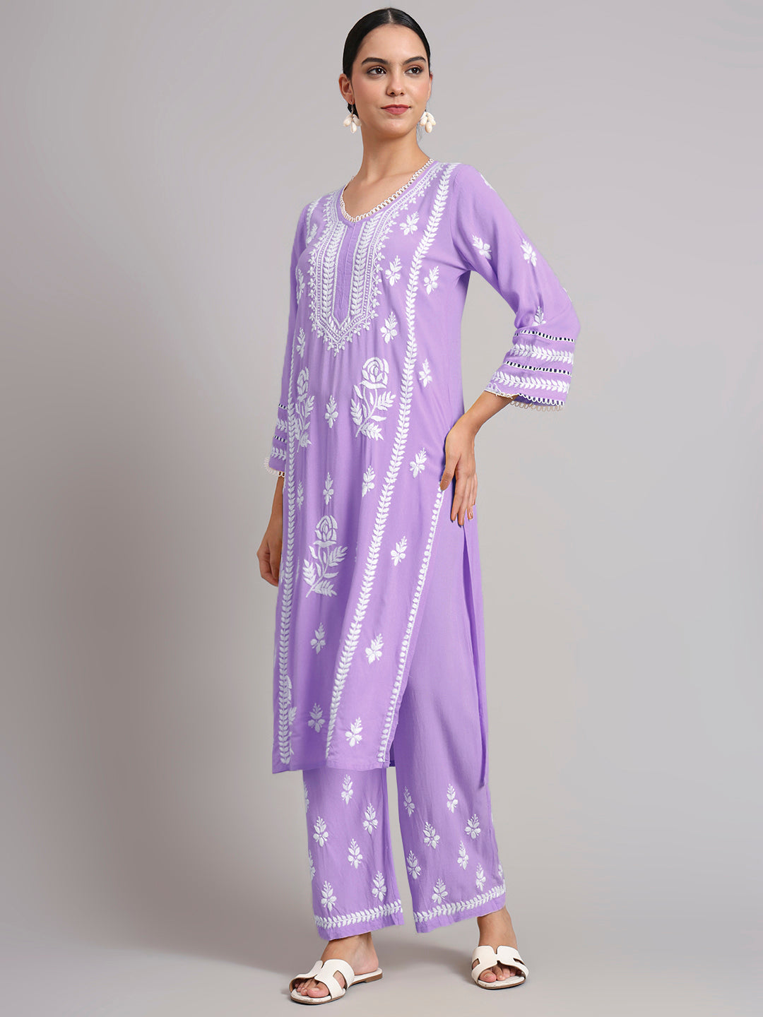 Women Hand Embroidered Lucknowi Chikankari Rayon Kurta Set-AL4078KS Rust