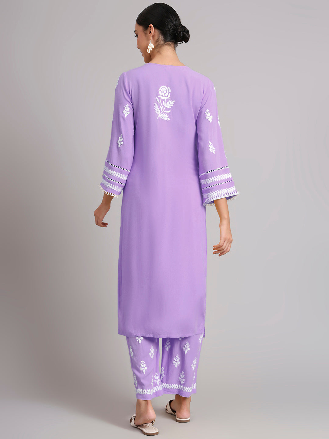 Women Hand Embroidered Lucknowi Chikankari Rayon Kurta Set-AL4078KS Rust