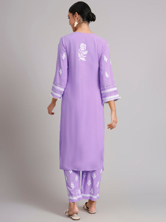 Women Hand Embroidered Lucknowi Chikankari Rayon Kurta Set-AL4078KS Lavender