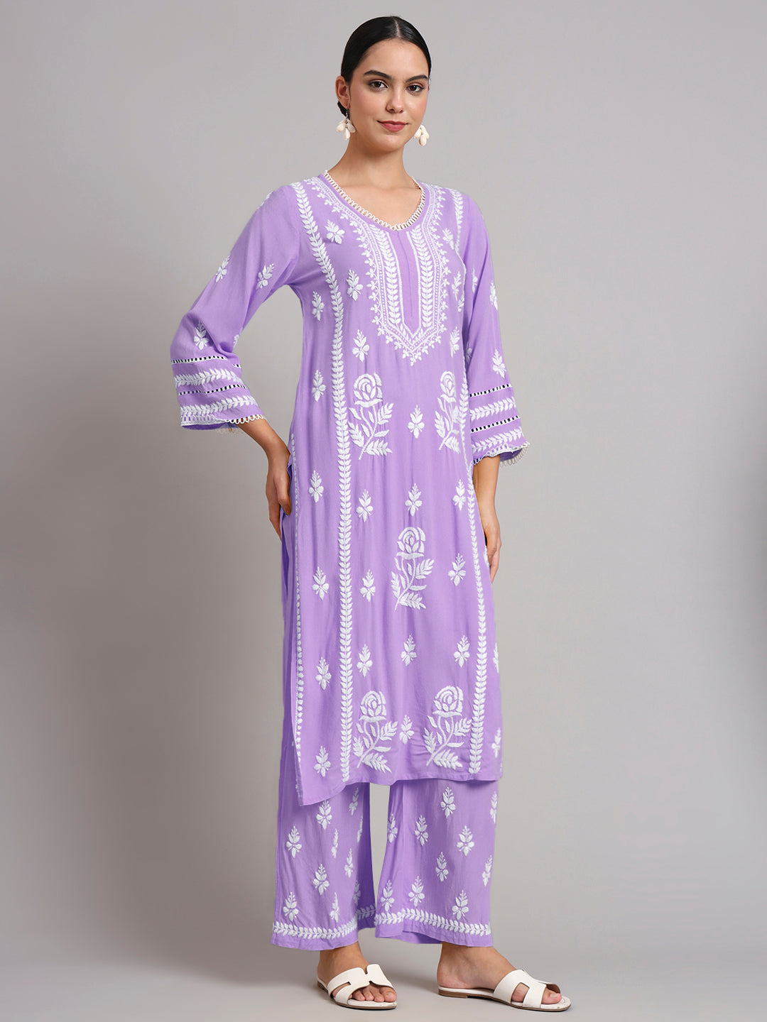 Women Hand Embroidered Lucknowi Chikankari Rayon Kurta Set-AL4078KS Rust