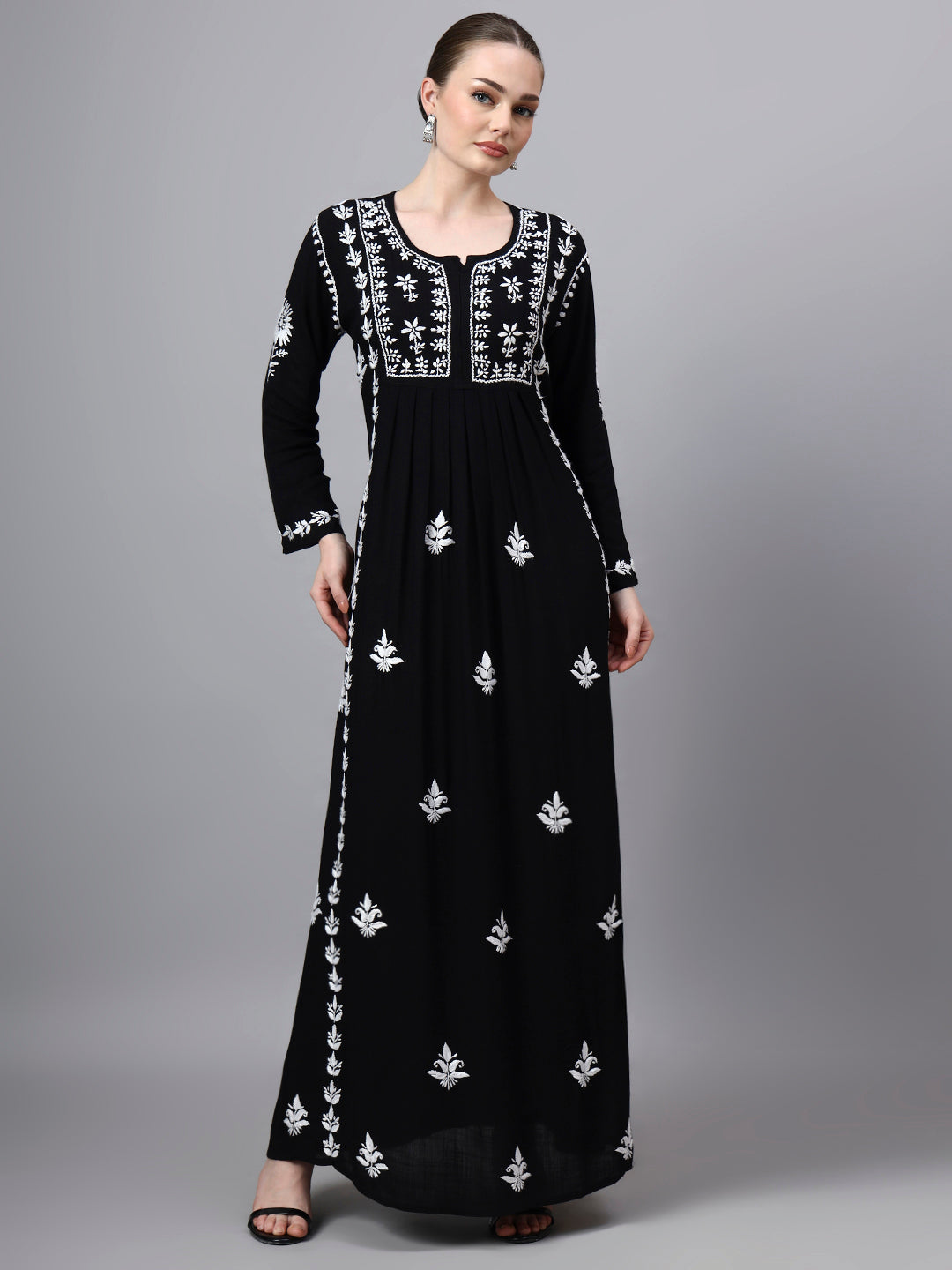 Hand Embroidered Chikankari Rayon Jalabiya-AL4121 Black