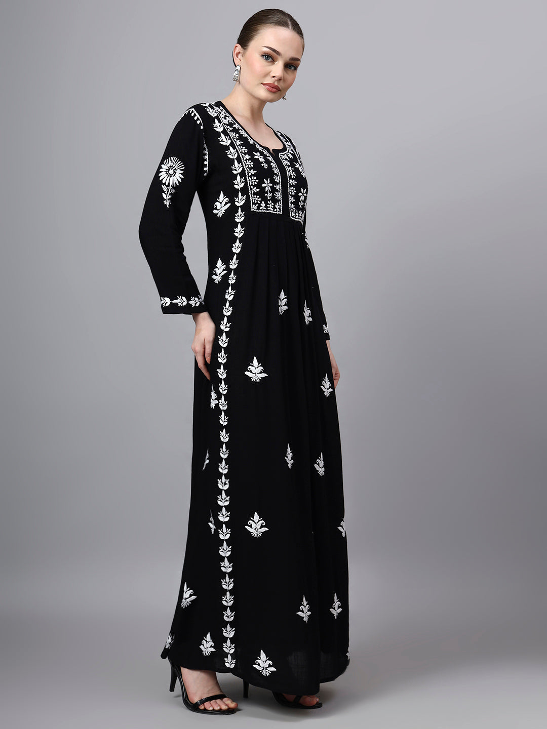 Hand Embroidered Chikankari Rayon Jalabiya-AL4121 Black