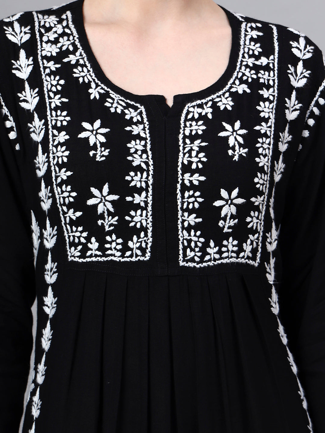 Hand Embroidered Chikankari Rayon Jalabiya-AL4121 Black