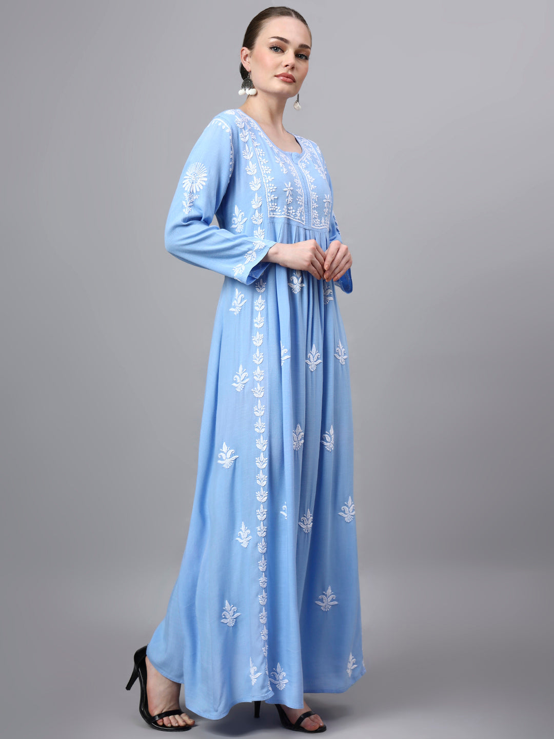 Hand Embroidered Chikankari Rayon Jalabiya-AL4121 Denimblue