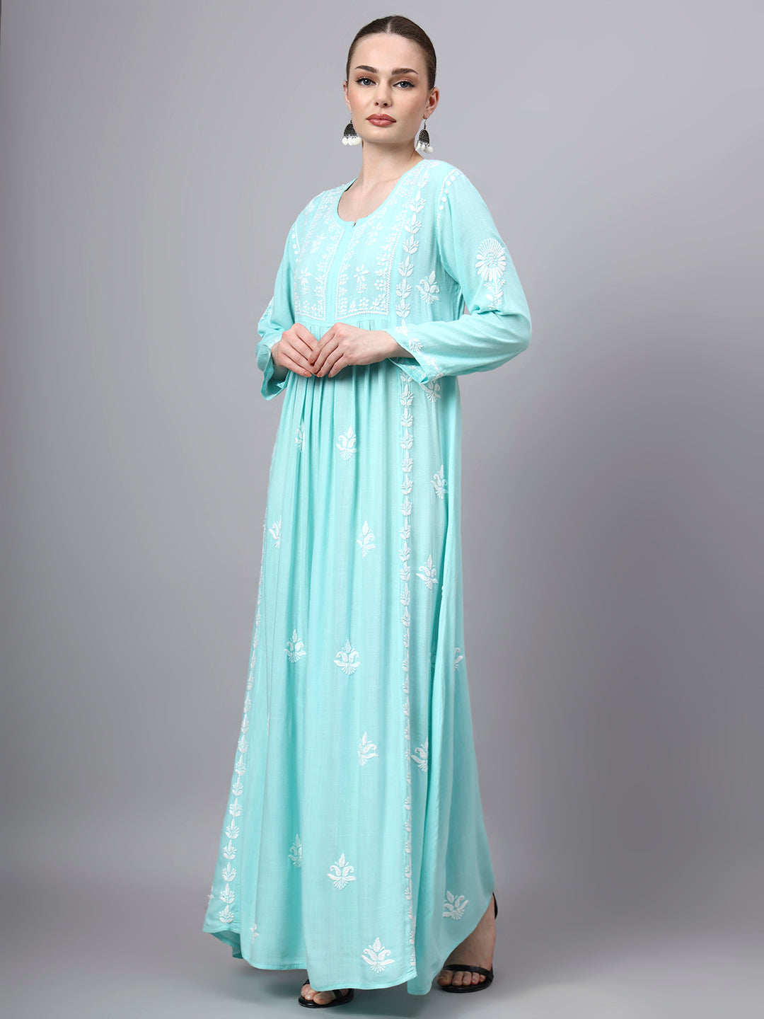Hand Embroidered Chikankari Rayon Jalabiya-AL4121 Seagreen