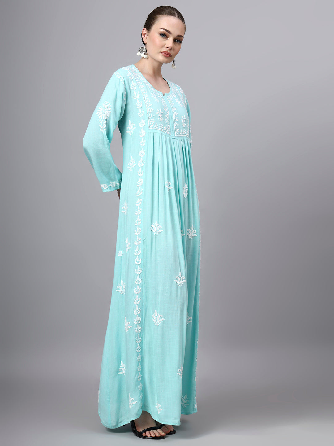 Hand Embroidered Chikankari Rayon Jalabiya-AL4121 Seagreen