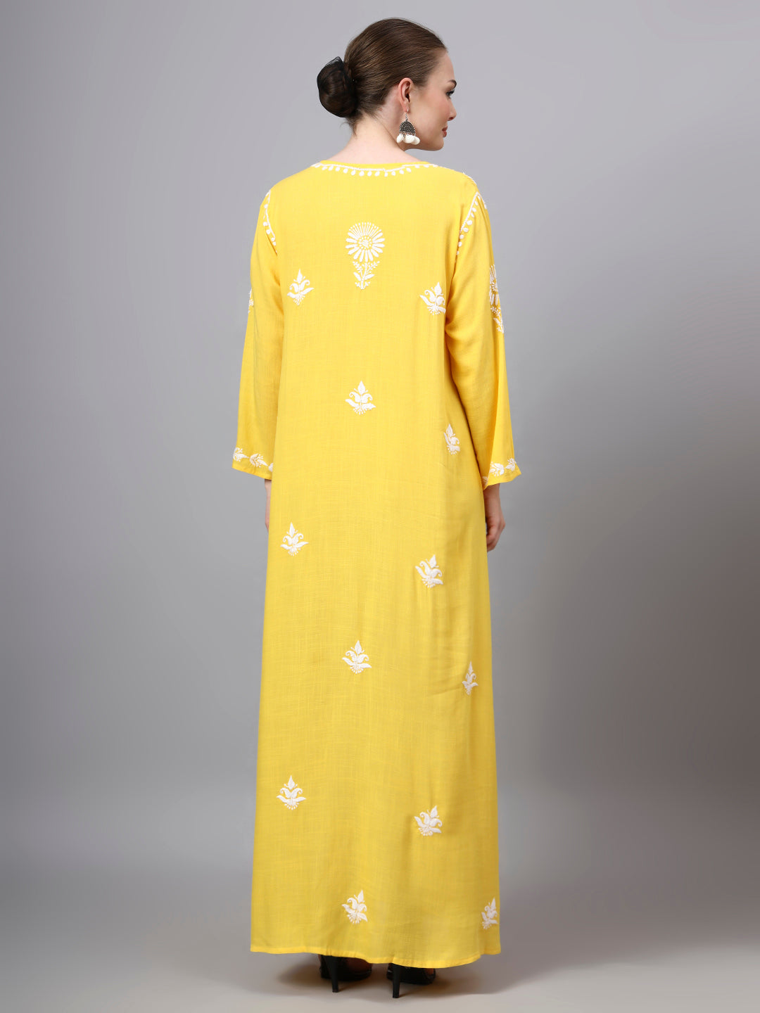Hand Embroidered Chikankari Rayon Jalabiya-AL4121 Yellow