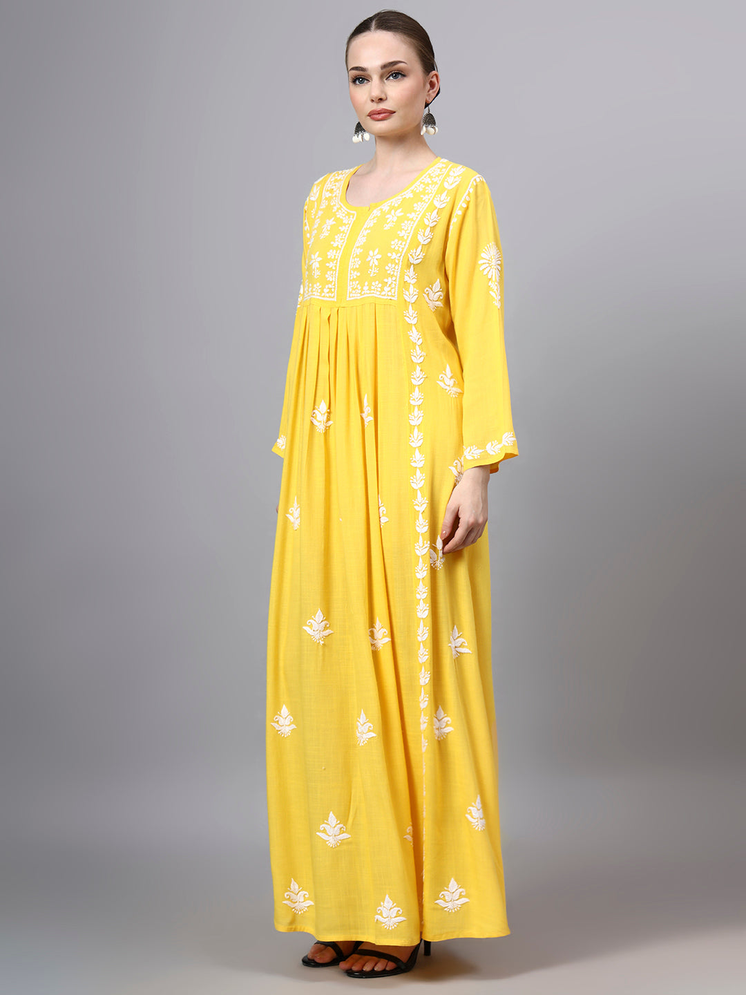 Hand Embroidered Chikankari Rayon Jalabiya-AL4121 Yellow