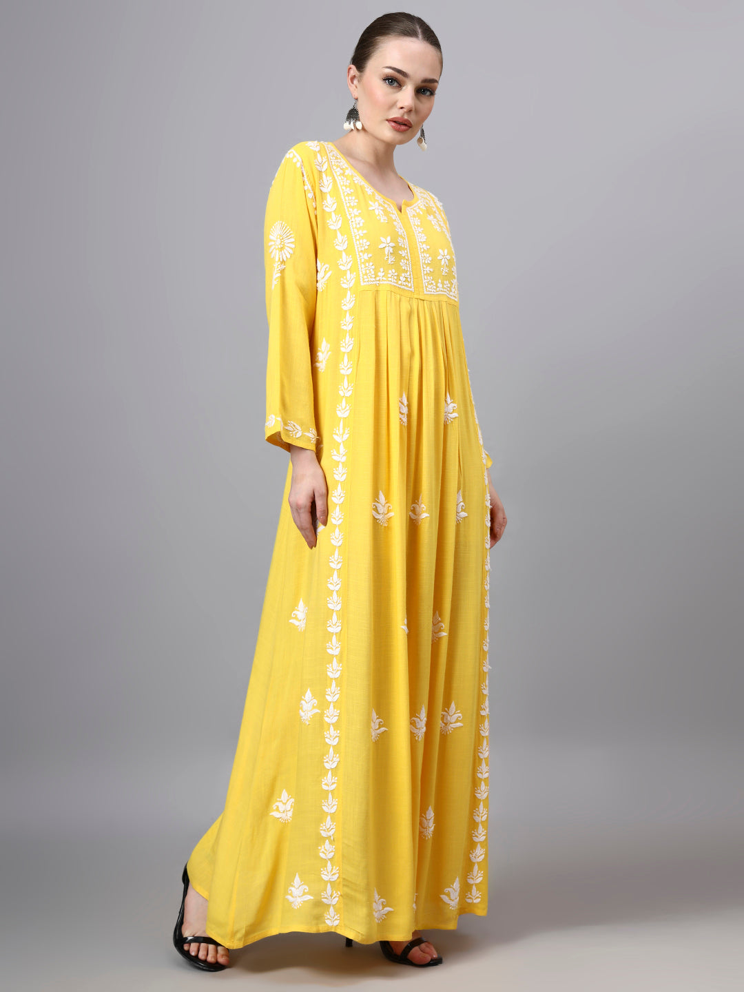 Hand Embroidered Chikankari Rayon Jalabiya-AL4121 Yellow