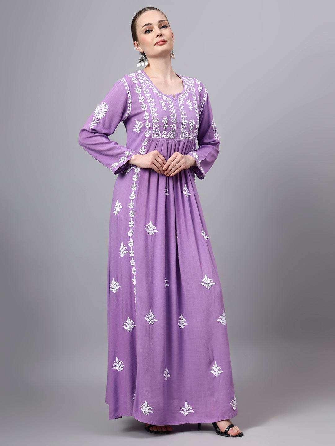 Hand Embroidered Chikankari Rayon Jalabiya-AL4121 Mauve