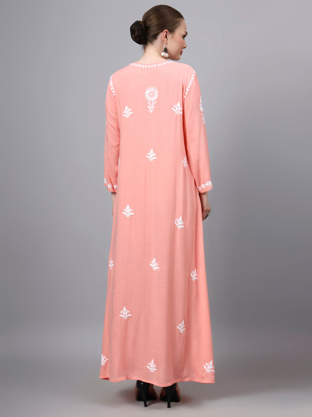 Hand Embroidered Chikankari Rayon Jalabiya-AL4121 Peach