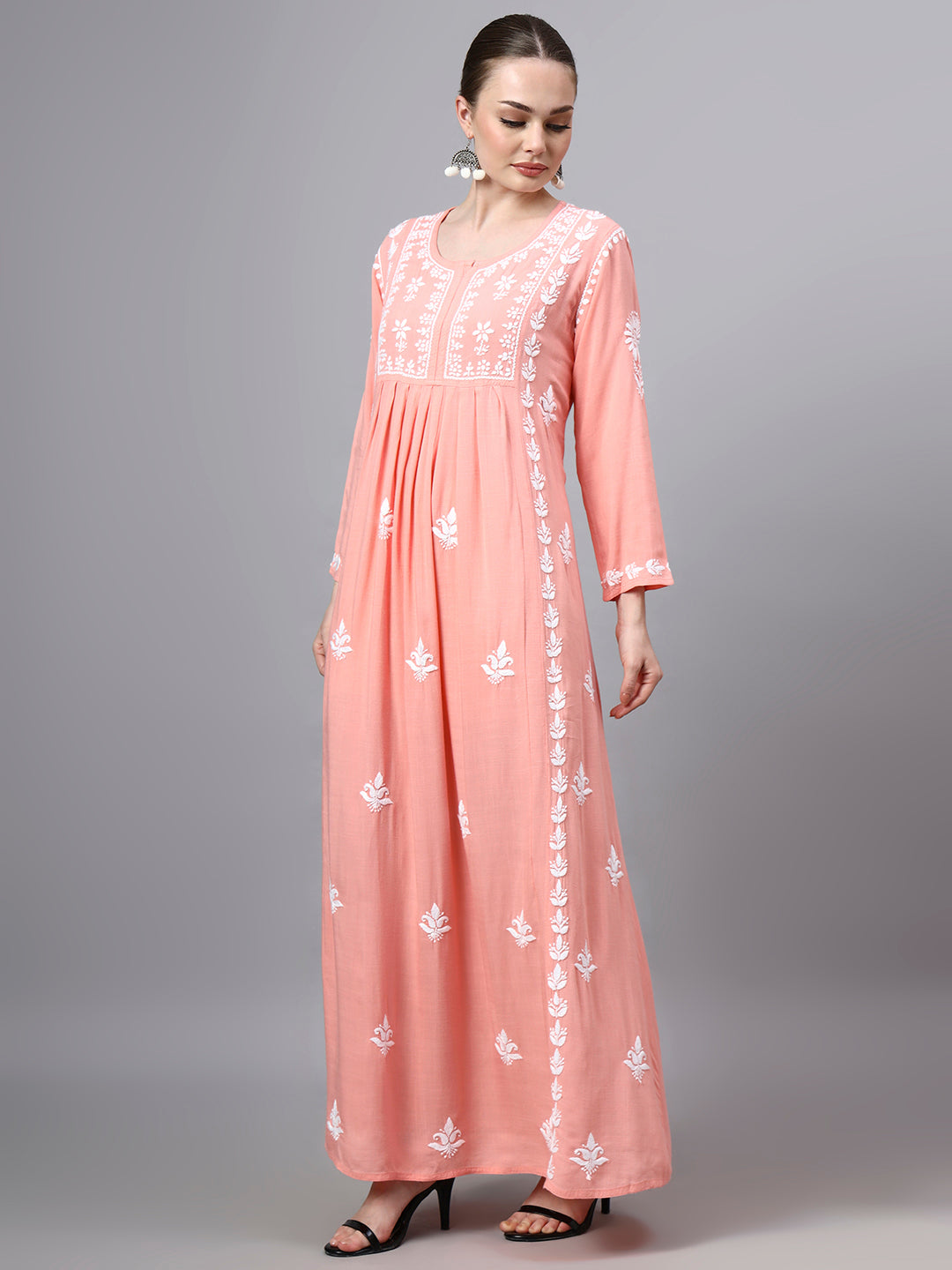 Hand Embroidered Chikankari Rayon Jalabiya-AL4121 Peach