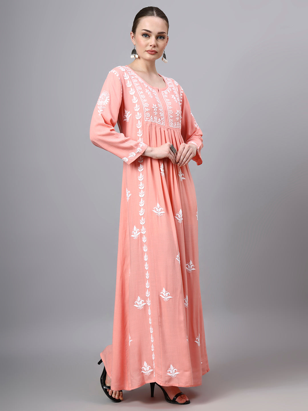 Hand Embroidered Chikankari Rayon Jalabiya-AL4121 Peach