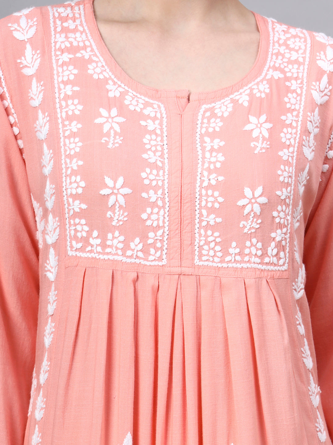 Hand Embroidered Chikankari Rayon Jalabiya-AL4121 Peach