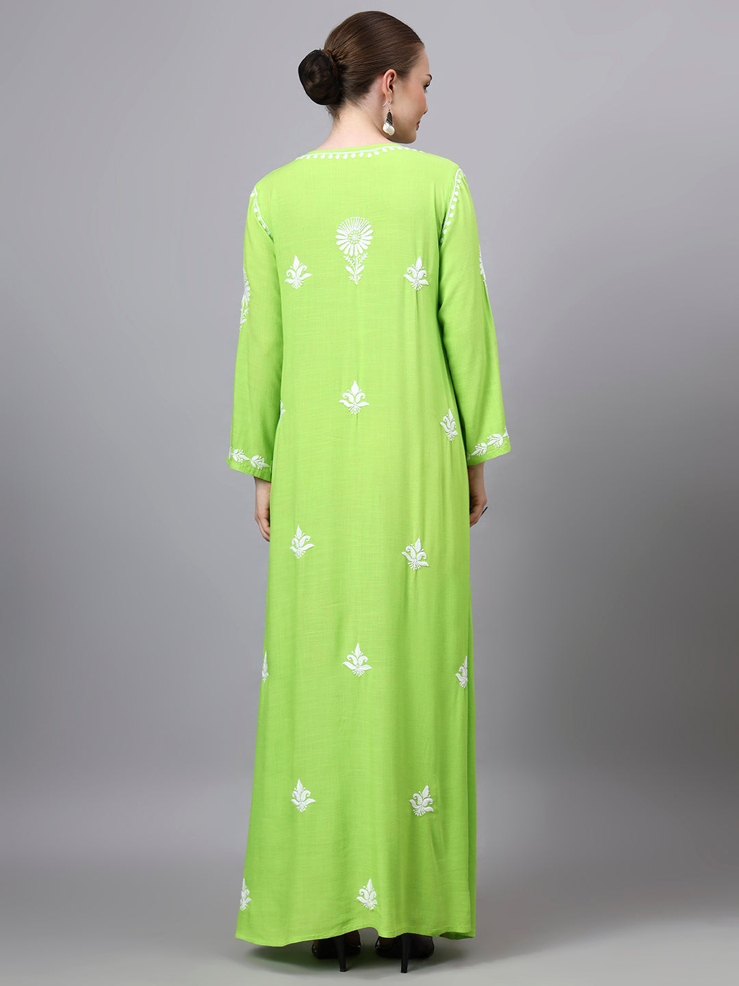 Hand Embroidered Chikankari Rayon Jalabiya-AL4121 Green