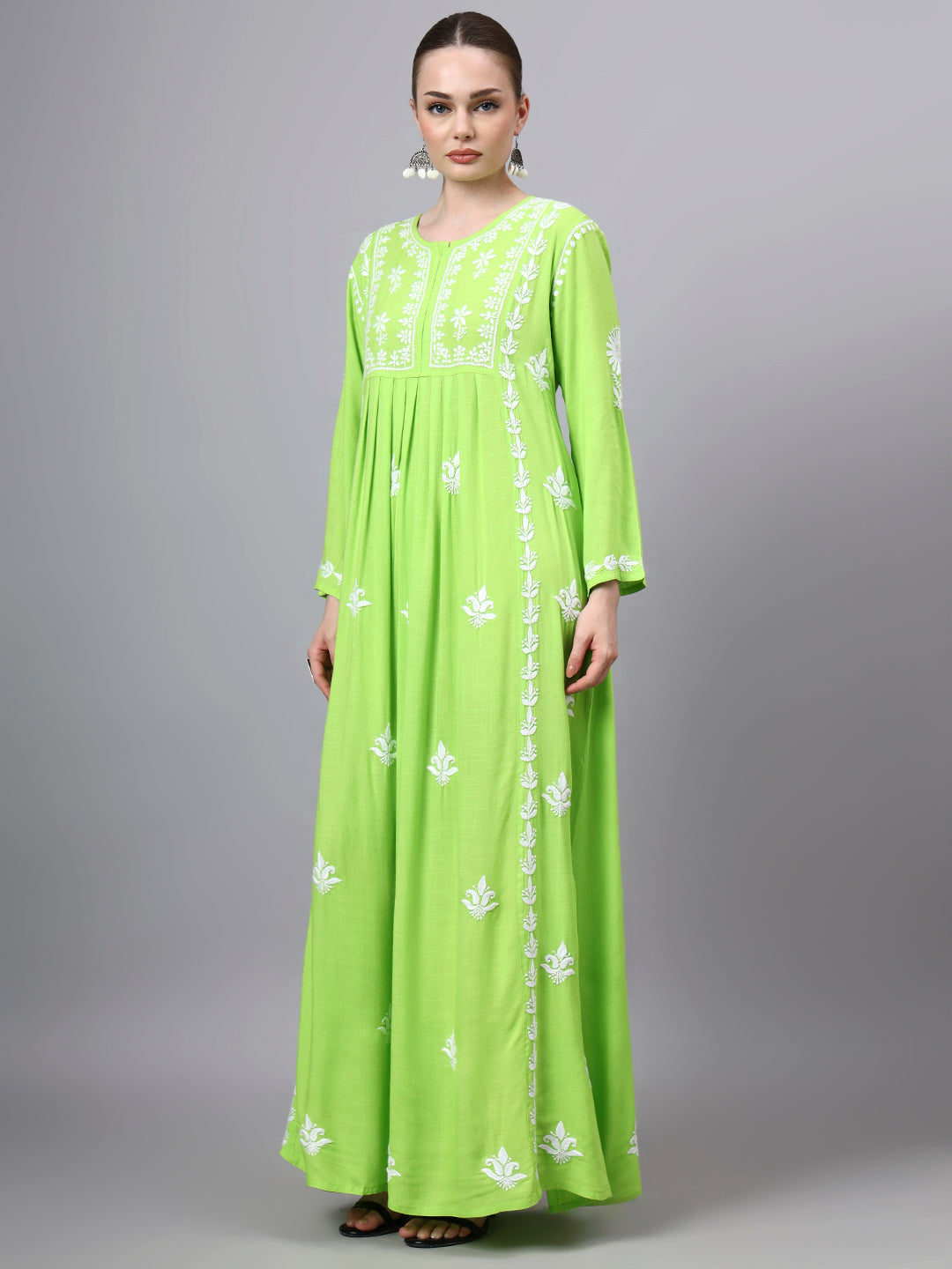 Hand Embroidered Chikankari Rayon Jalabiya-AL4121 Green