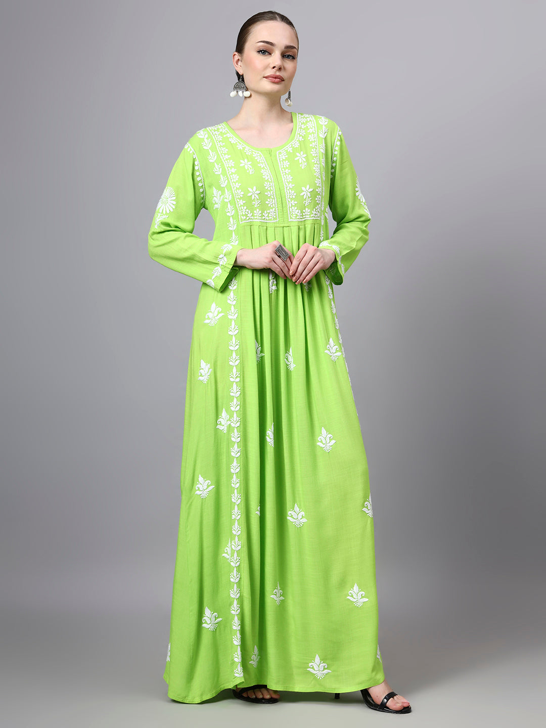 Hand Embroidered Chikankari Rayon Jalabiya-AL4121 Green