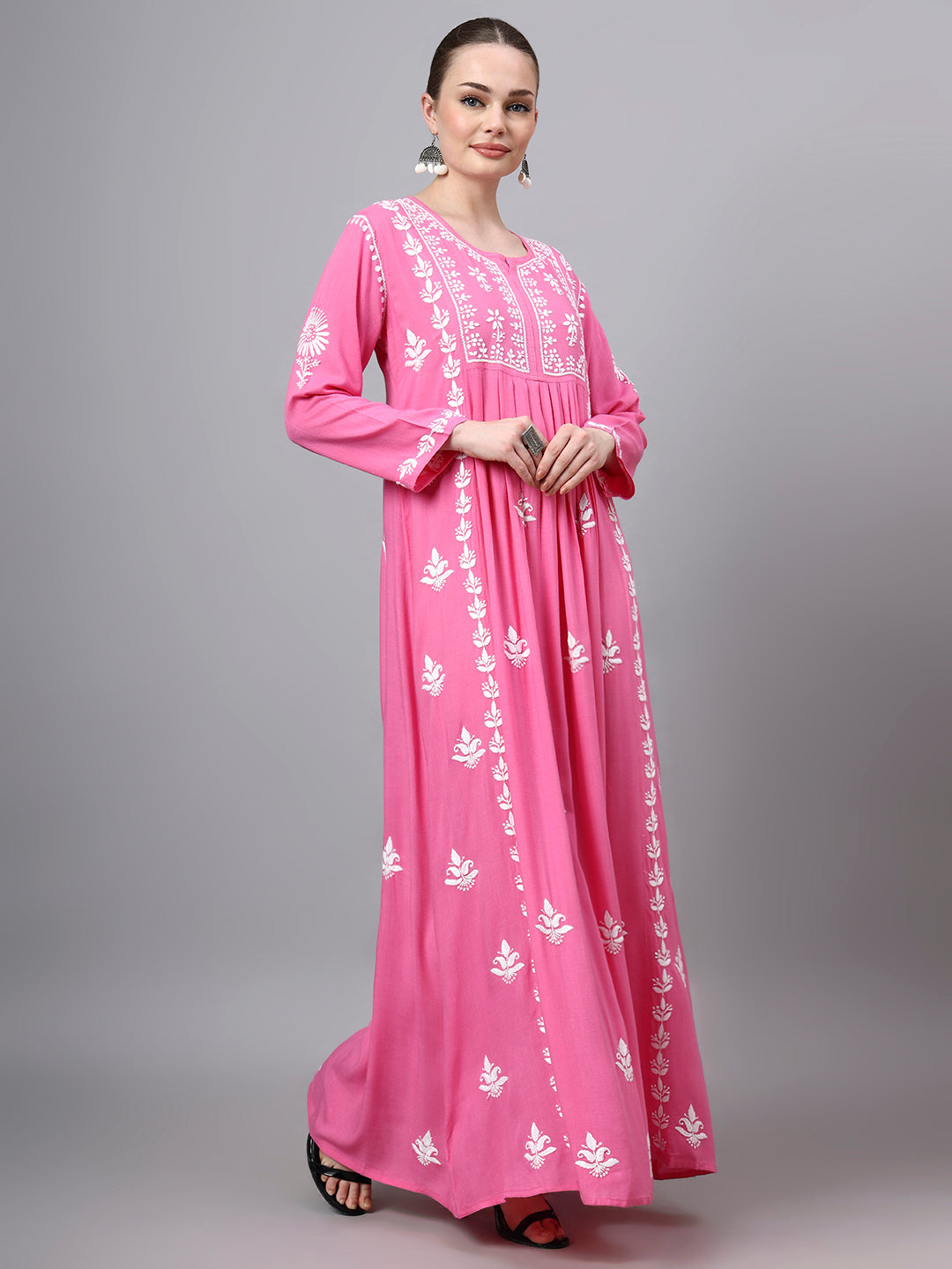 Hand Embroidered Chikankari Rayon Jalabiya-AL4121 Darkpink