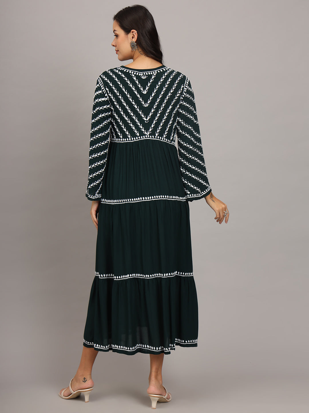 Hand Embroidered Chikankari Modal Jalabiya-AL4015 Darkgreen
