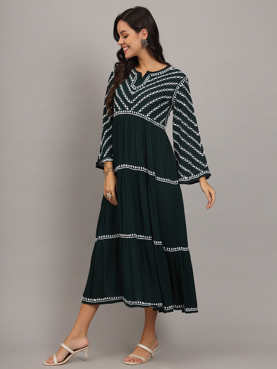 Hand Embroidered Chikankari Modal Jalabiya-AL4015 Darkgreen