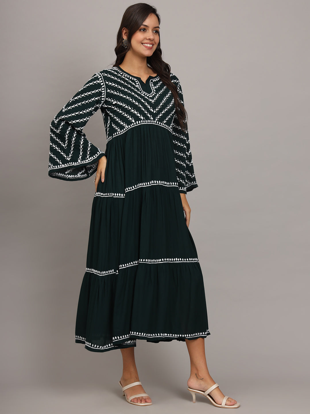 Hand Embroidered Chikankari Modal Jalabiya-AL4015 Darkgreen