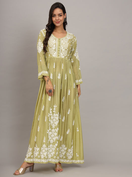 Hand Embroidered Chikankari Muslin Jalabiya-AL4017 Green