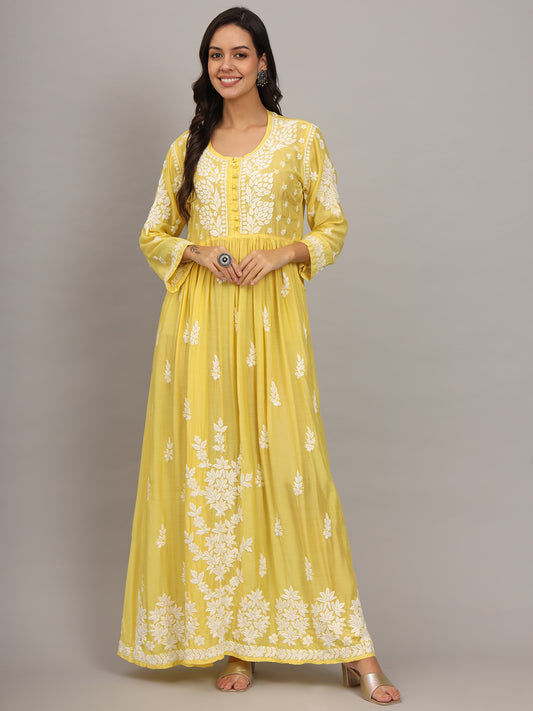 Hand Embroidered Chikankari Muslin Jalabiya-AL4017 Yellow