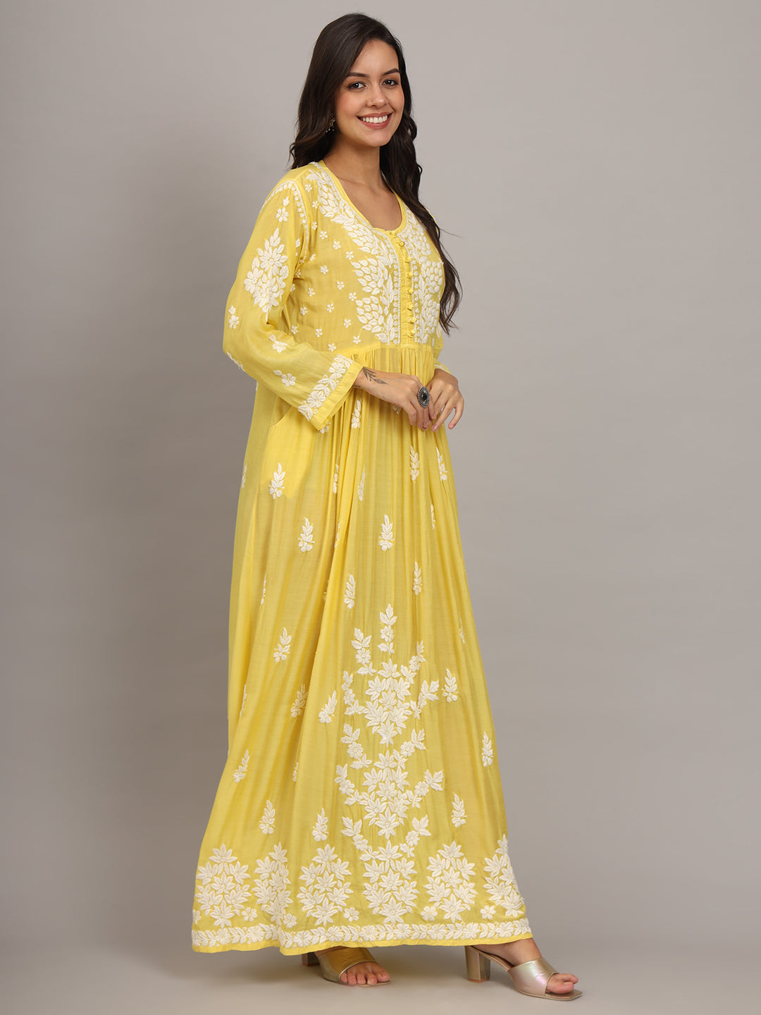 Hand Embroidered Chikankari Muslin Jalabiya-AL4017 Yellow