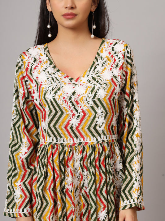 Hand Embroidered Lucknowi Chikankari Printed Mulmul Cotton Jalabiya-AL3936 Yellow & Green