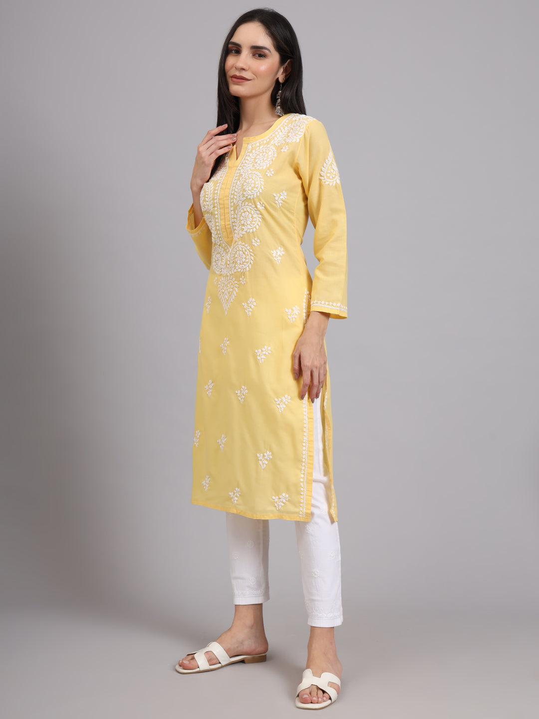 Hand Embroidered Chikankari Cotton Straight Kurta-AL3997 Yellow