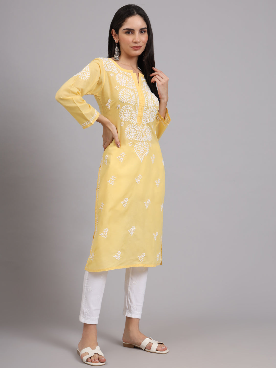 Hand Embroidered Chikankari Cotton Straight Kurta-AL3997 Yellow