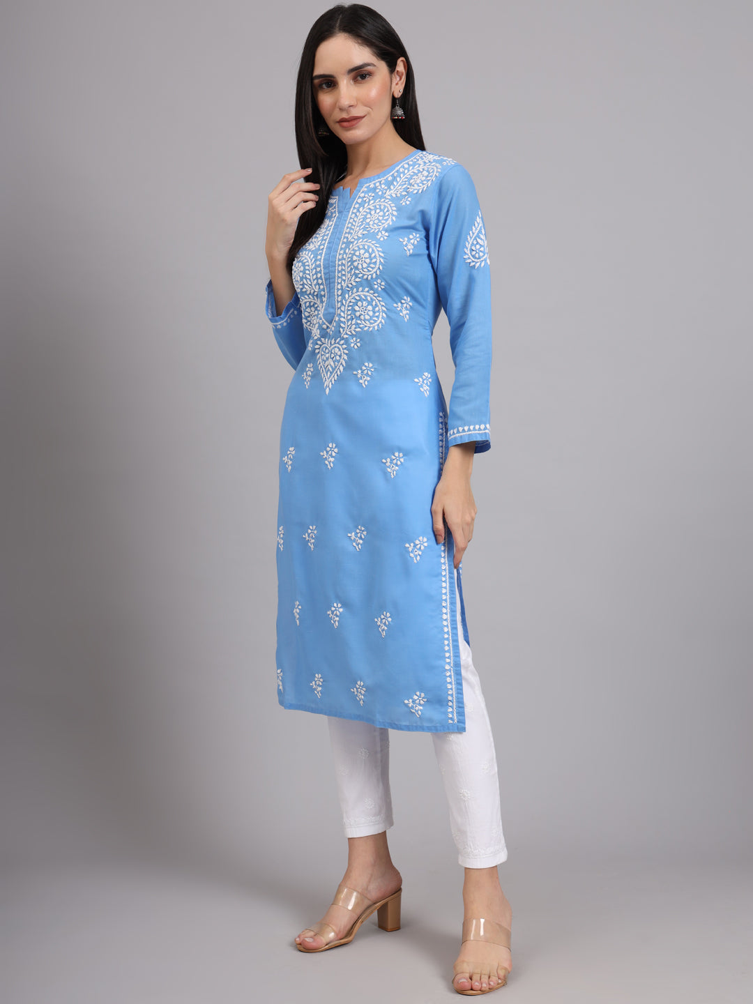 Hand Embroidered Chikankari Cotton Straight Kurta-AL3997 Denim
