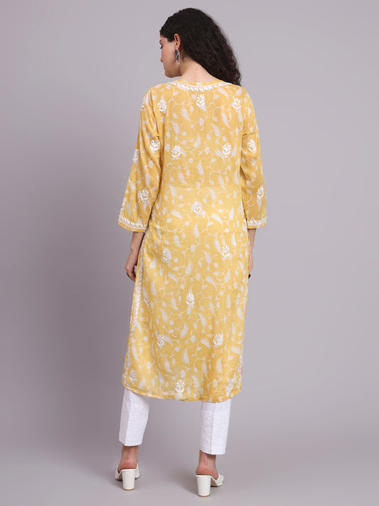 Women Hand Embroidered Chikankari Mul Printed Cotton Kurta-AL4072 Yellow