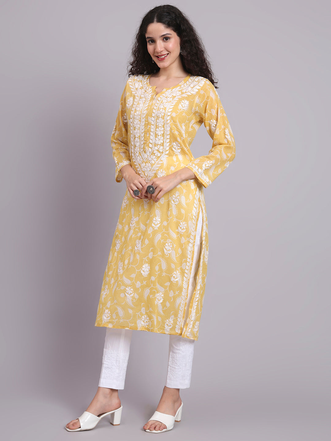 Women Hand Embroidered Chikankari Mul Printed Cotton Kurta-AL4072 Yellow
