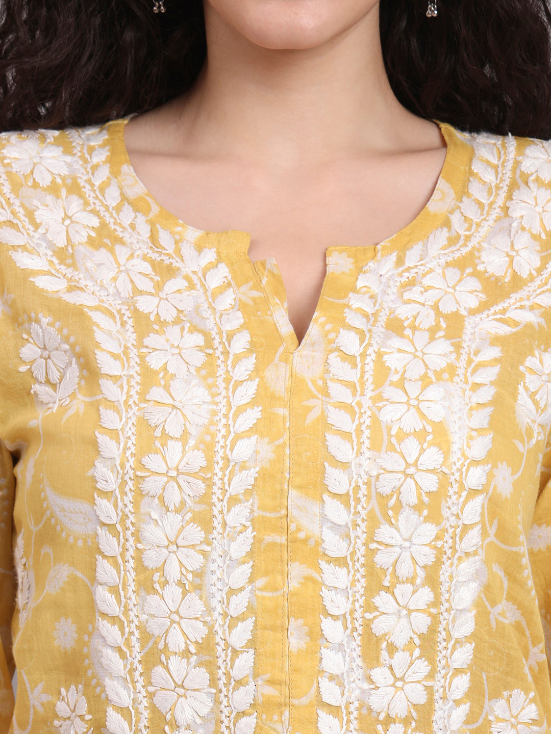 Women Hand Embroidered Chikankari Mul Printed Cotton Kurta-AL4072 Yellow