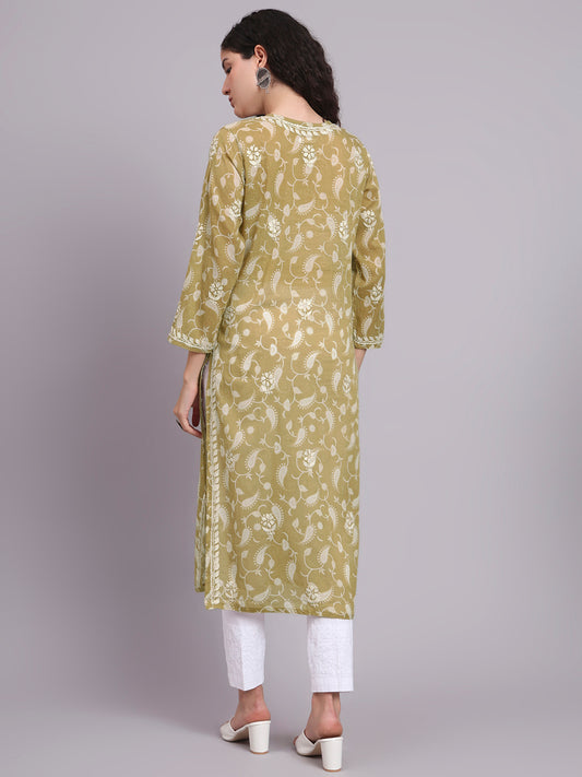 Women Hand Embroidered Chikankari Mul Printed Cotton Kurta-AL4072 Olive