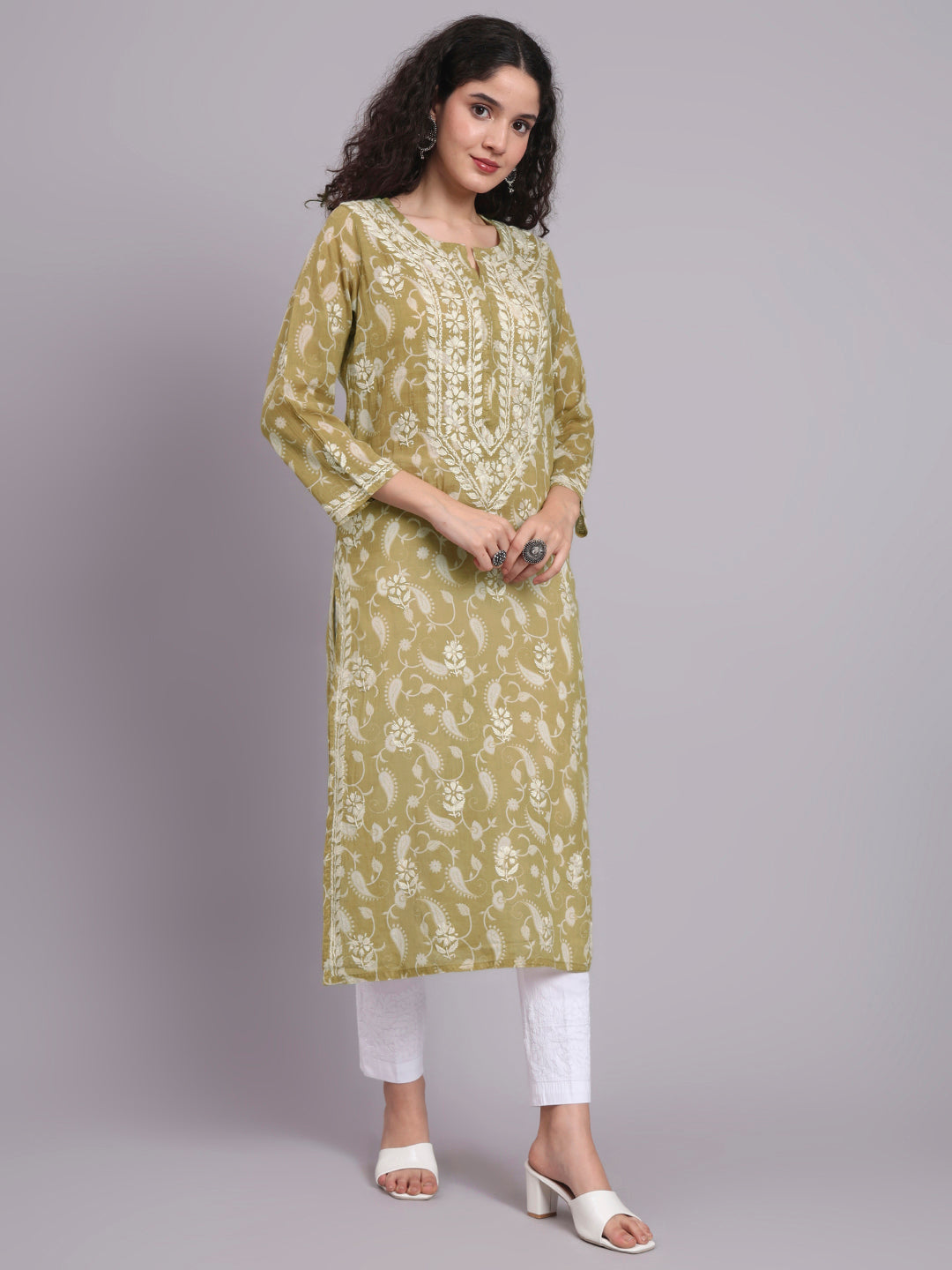 Women Hand Embroidered Chikankari Mul Printed Cotton Kurta-AL4072 Olive