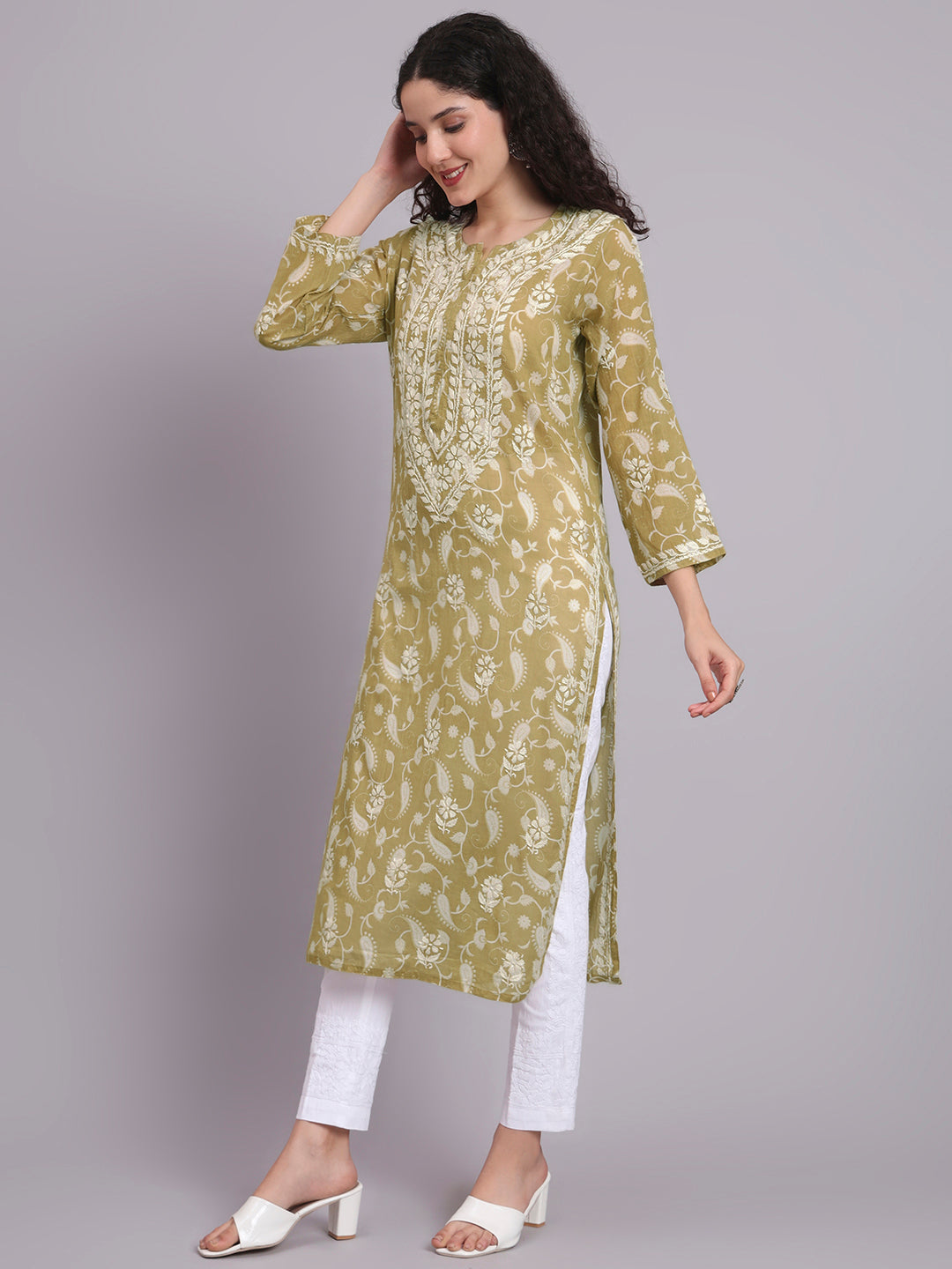 Women Hand Embroidered Chikankari Mul Printed Cotton Kurta-AL4072 Olive