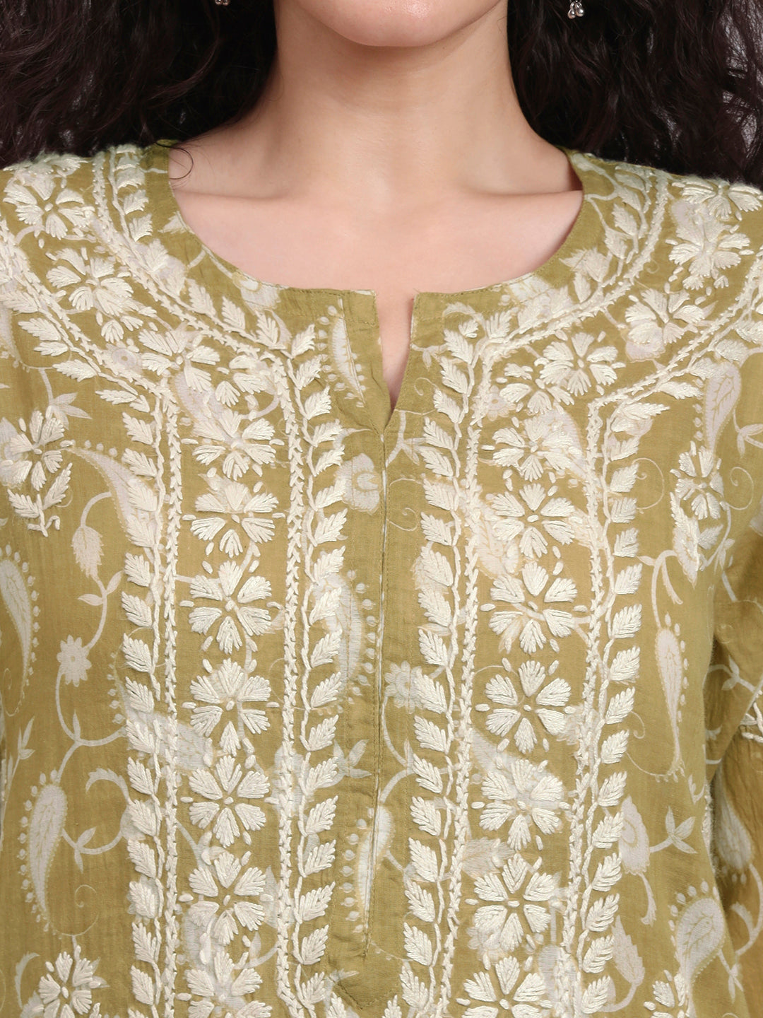 Women Hand Embroidered Chikankari Mul Printed Cotton Kurta-AL4072 Olive