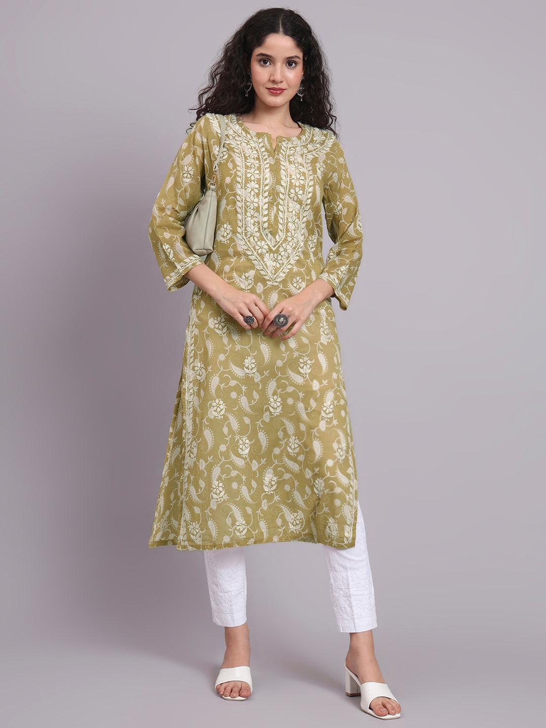 Women Hand Embroidered Chikankari Mul Printed Cotton Kurta-AL4072 Olive