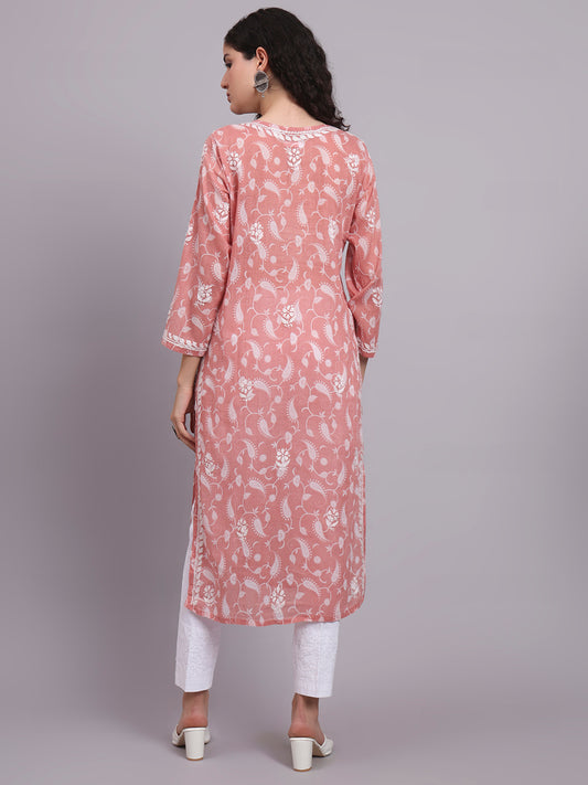 Women Hand Embroidered Chikankari Mul Printed Cotton Kurta-AL4072 Onion Pink