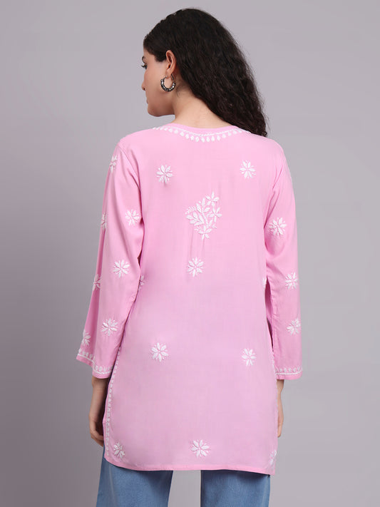 Women Hand Embroidered Chikankari Rayon Short Kurti-AL4071 Pink