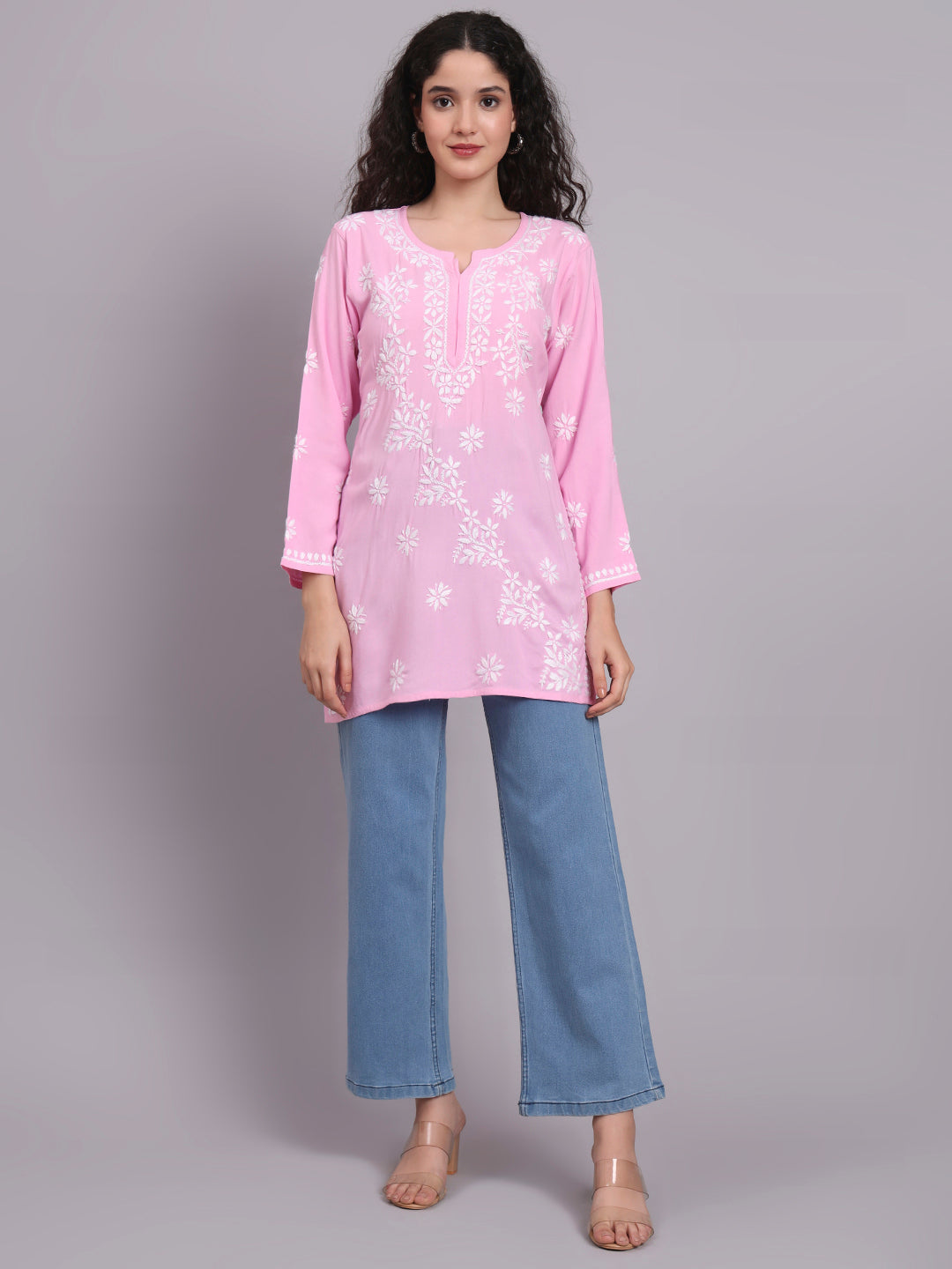 Women Hand Embroidered Chikankari Rayon Short Kurti-AL4071 Pink