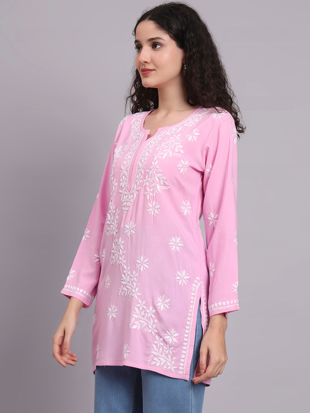 Women Hand Embroidered Chikankari Rayon Short Kurti-AL4071 Pink