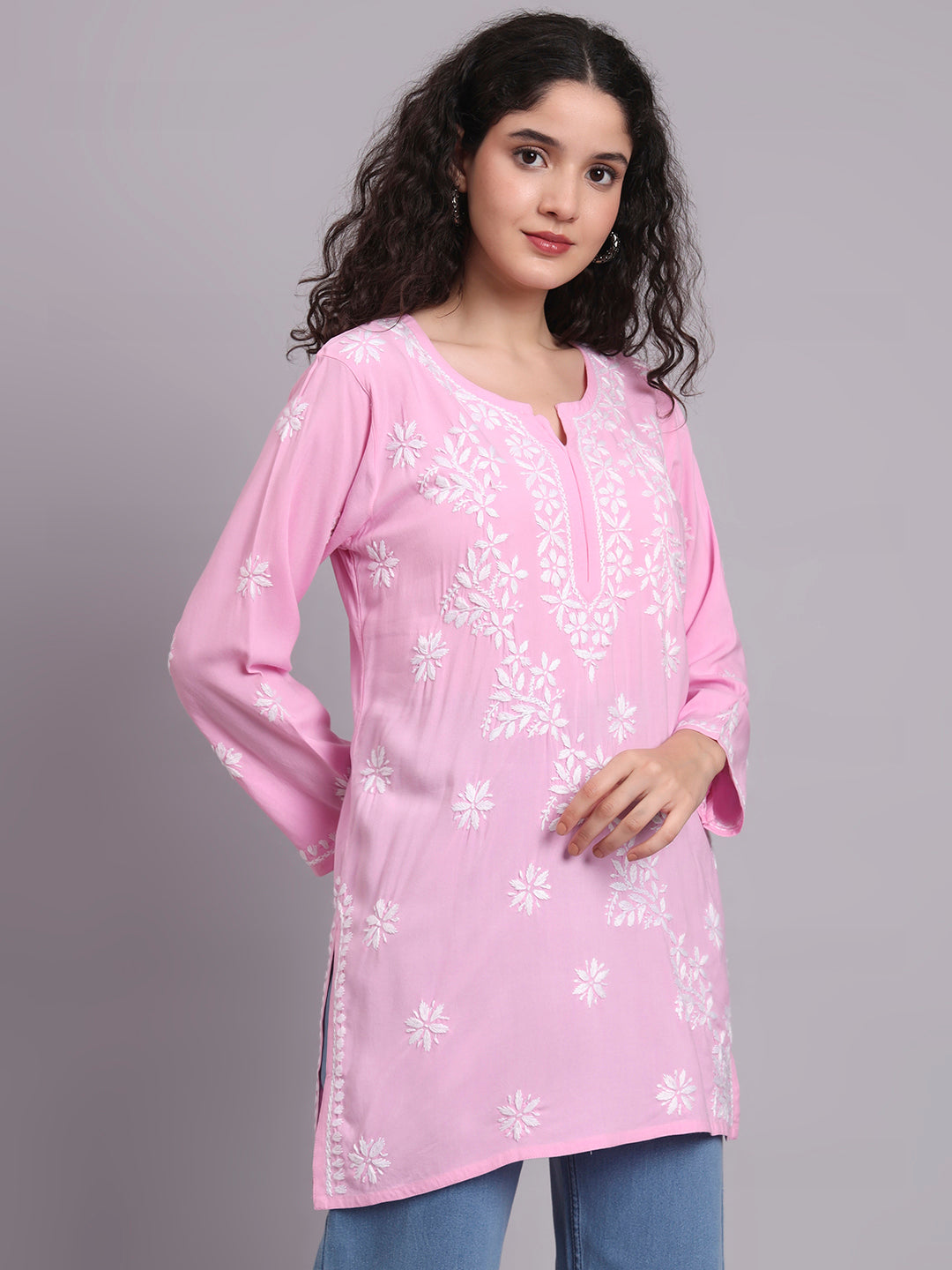Women Hand Embroidered Chikankari Rayon Short Kurti-AL4071 Pink